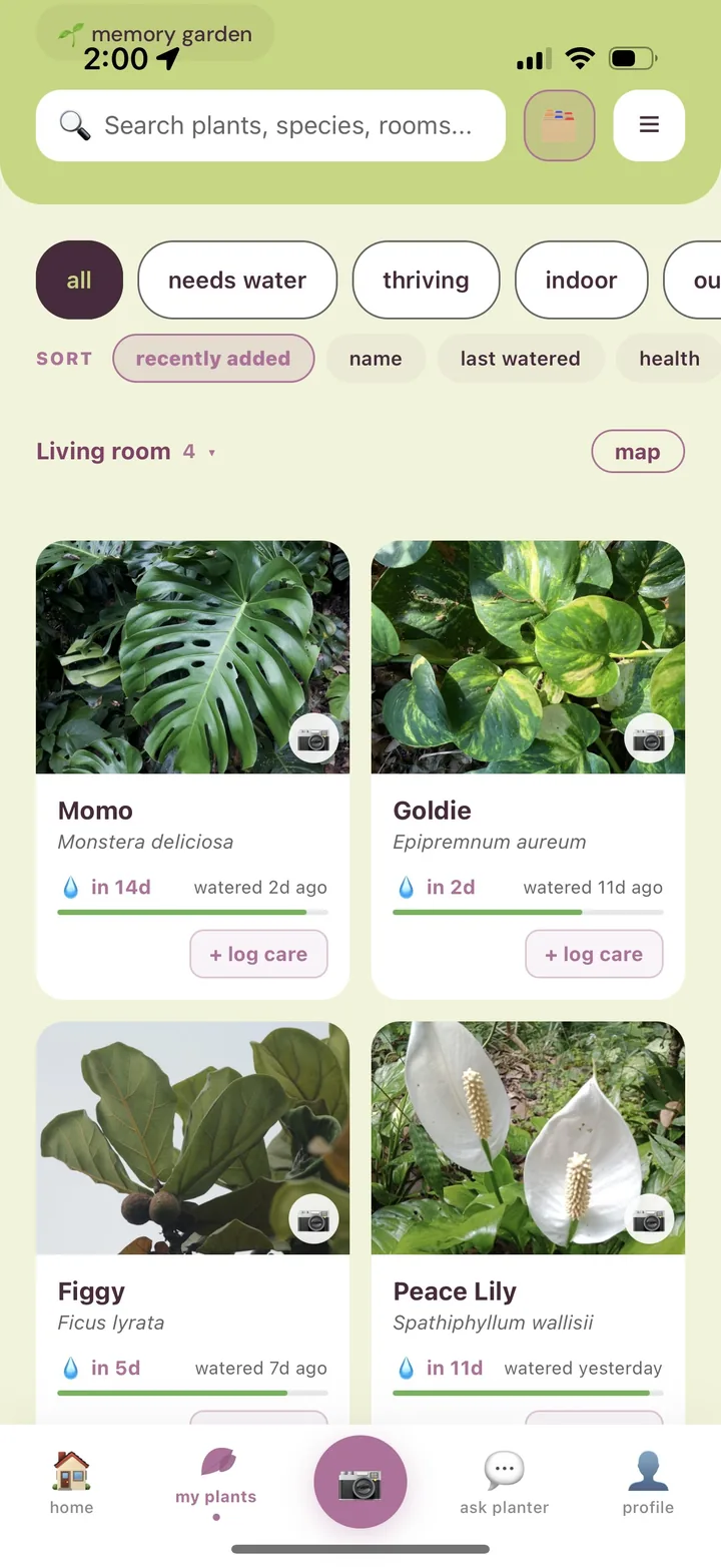my plants screen in pocket planter, with plant cards grouped by room